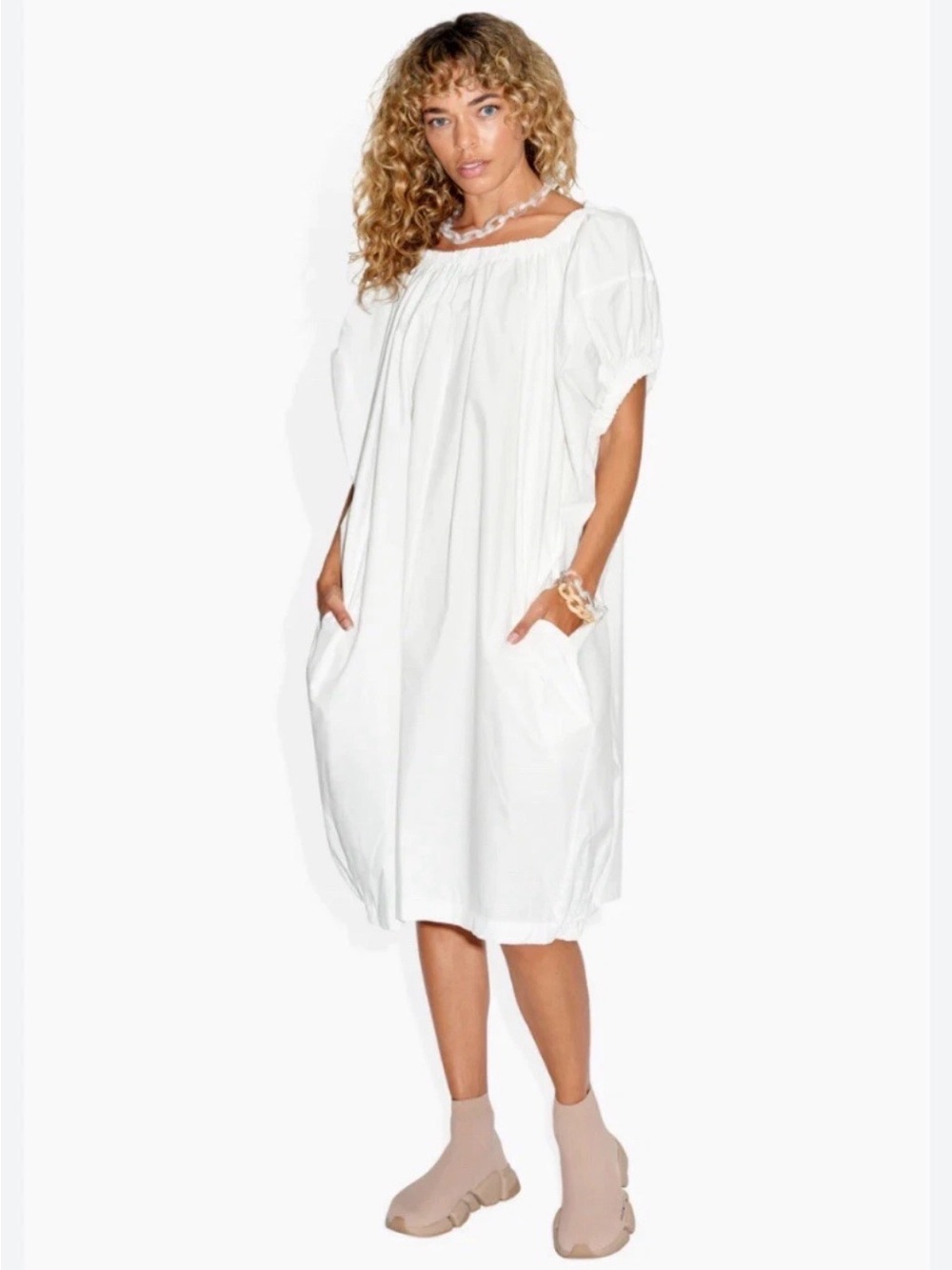 The celect shelter dress in off white Puff Sleeve Midi Dress